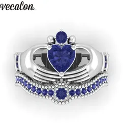 عشاق Vecalon Blue Birthstone Claddagh Ring 5A Zircon CZ White Gold Gold Enging Engagement Band Band Ring For Women Men Gift3216483