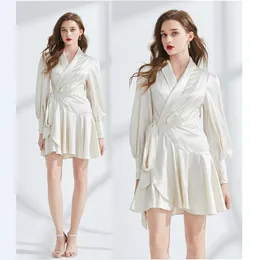 Designer V-ringning Party Satin Wrap Dress Puff Sleeve Woman White Slim Elegant Fit Lace Up Bow Runway Mini Ruffle Dresses 2024 Spring Fall Sweet Girl Chic Vacation Frocks