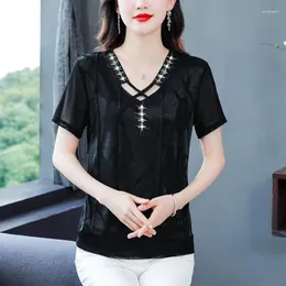 القمصان النسائية 2023 الصيف V-neck قميص شيفون سود