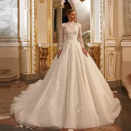 Exquisites Tüll-Hochzeitskleid, Stehkragen, Spitze, Perlenapplikation, zusammengekniffene Braut, Ballkleider, Vestido De Novia, Kathedralenzug 328 328