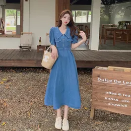 Vestidos de festa elegante mulheres denim vestido lapela puff manga alta cintura -comprimento jean 2023 primavera verão vestidos