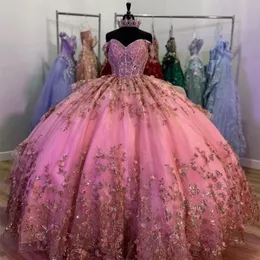 Luxury Glittering Pink Off Shoulder Quinceanera Dresses Applique Lace Beads Vestidos De 15 Anos Birthday Party Corset Ball Gown