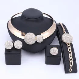 Conjunto de joias nigeriano, cor dourada, strass, colar, brinco, pulseira, conjunto de anel para mulheres, acessórios de casamento, 250s