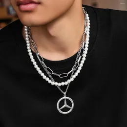 Kedjor Hip-Hop Fashion Leisure Pearl Necklace Jewelry Men's Tide Nisch Design Sensor Inlagd Drilling Car Pendant Sweater Chain for Men