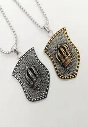 Men Stainless Steel Hip Hop Cook Punk Necklace Bling Full Crystals Vintage Crown Shield Pendant Jewelry Necklaces5919649