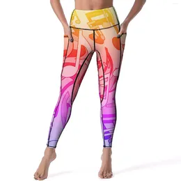 Damen-Leggings, lebendige Musiknoten, Yoga-Hose mit Taschen, bedruckt, sexy Push-Up, lustige Sport-Leggings, Stretch-Work-Out-Leggings