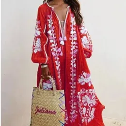 Autumn new V-neck long sleeved printed women's loose fitting dress elegant ethnic style Maxi dress beach vacation vest 231213