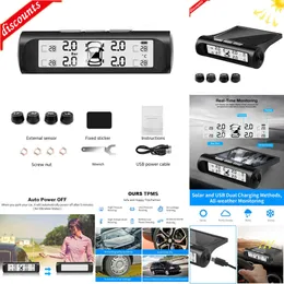 Nya andra bildelar Solenergi TPMS Bildäcktryck Alarm Monitor Auto Security System Tire Pressure Temperatur Varning med 4 externa sensorer