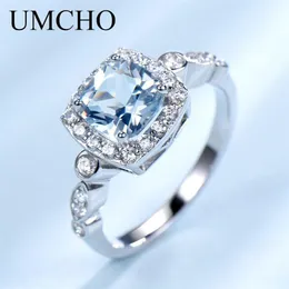 Umcho Real S925 Kadınlar İçin Gümüş Yüzükler Mavi Topaz Ring Taş Aquamarine Yastık Romantik Hediye Nişan Takı Y1905313G