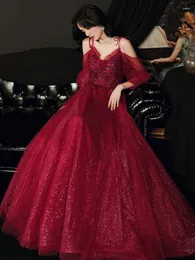 Etnik Giyim Vestidos De Festa Gelin Burgundy Spagetti Kayış Tül Resmi Parti Elbiseleri Uzun Kollu A-Line Sequins Akşam Prom Elbise