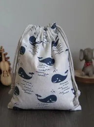 Blue Fish Linen DrawString Bag 9x12cm 10x15cm 13x17cm Pack med 50 Party Candy Sack Makeup Jewelry Present Packaging Pouch1174468