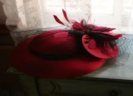 Burgundy White Veil Wedding Hat Fairy Flower Mesh Fascynator Fedora Hat Elegancki damski koktajl panny młodej na główce 20209606320
