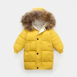 Casacos adolescentes meninos jaqueta de inverno longo cor sólida gola de pele com capuz casaco windbreak para 2-10y meninas grosso manter quente para baixo snowsuit