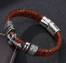 Качественные винтажные мужские ювелирные изделия, коричневый плетеный кожаный браслет с крестом из нержавеющей стали, магнитная застежка, мужские браслеты ручной работы, браслет3998431