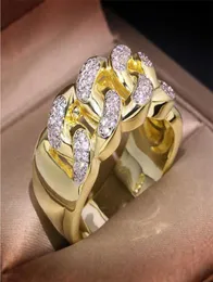 Хип-хоп Ретро Модные украшения Стерлингового серебра 925 пробы с золотым заполнением Pave Белый сапфир CZ с бриллиантами Драгоценные камни Женское обручальное кольцо-цепочка для 9939903