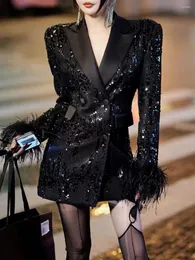 Women Black Sequin Tailored Jacket Women's Mid Length Ostrich Shiny Party Bling Blazer Top Clothing