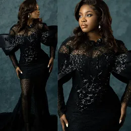 2023 Aso Ebi Prom Dresses Black Elegant Mermaid Onlusion Long Sleeves Lace Evening Dress Party Party Second Assipe Congember Club Pageant AM163