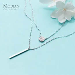 Hängen Modian Sterling Silver 925 Shining Zircon Disc Geometric Stick Pendant Necklace For Women Double Layer Necklae Fine Jewelry