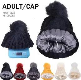 Beanie Crânio Caps Inverno Seda Cetim Forrado Beanie Chapéus Homens Mulheres Grosso Quente Adulto Malha Com Pele Pom Macio Masculino Feminino Skullies 231212