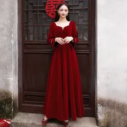 Roupas étnicas Nupcial Casamento Noivado Borgonha Vestidos Outono e Inverno Veludo Manga Longa Elegante Vestido de Festa Grande Tamanho 8XL Cheongsam