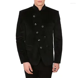 Herrenanzüge Ankunft Stehkragen Design Herrenanzug aus schwarzem Samt nach Maß mit schrägen Reihen von Knöpfen Winter Warm Wear Blazer Skinny Jacke