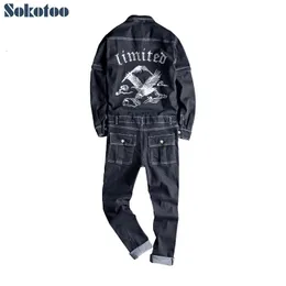Jeans da uomo Sokotoo ricamo manica lunga staccabile tute in denim nero Tasche casual ricamate jeans cargo Pantaloni tuta 231212