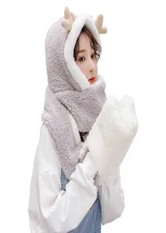 BeanieSkull Caps Women Winter Warm Reindeer Antler 3 In 1 Plush Hoodie Hat With Long Scarf Gloves D08E5351082