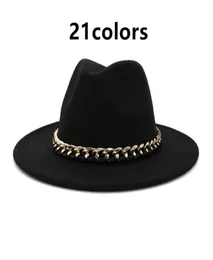 Sombreros fedora negro caqui ala ancha hombres mujeres sombrero Jazz gorras Iglesia fieltro cadena cinturón vaquero Vintage lujo invierno mujeres sombreros nuevo buc9516403