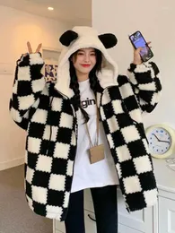 Sweats à capuche pour femmes Soft Girl Kawaii Zip Up Femmes Hiver Épaissir Damier Harajuku Ours Oreilles Mignon Femme Sweat Surdimensionné Manteau