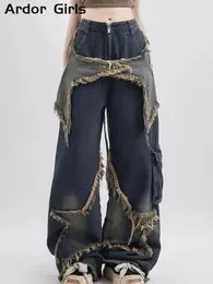 Women's Jeans Cargo Pant Street Loose Oversize Panelled Pentacle Raw Hem 2023 Vintage Blue Hip Hop Female Denim Trousers 2312012