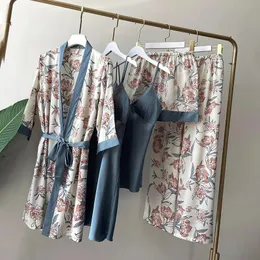 Kadın Places 5pc Baskı Pijamaları Set Dantel Kimono Batrobe Elbise Uyku Takımı İlkbahar Yaz İpeksi Saten Pijamas Takım Kadın Sweetwear Lingerie 231213