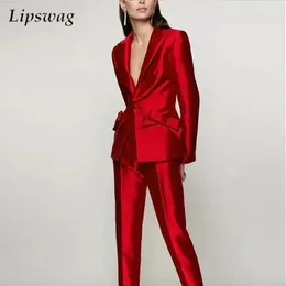 Calças femininas casual manga longa terno e lápis ternos sólidos moda brilhante tecido define senhora do escritório elegante bowknot blazer outfits 231213