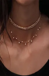 Multicamadas estrela grânulo gargantilha colares para mulheres 3 linhas de cristal strass corrente colares collier cor ouro feminino charme jóias8858488