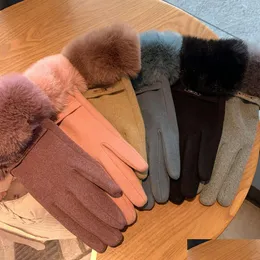 Fäustlinge Handschuh Designer Handschuhe Touch Sn Winter Damen Plüsch und dicke winddichte Baumwolle Radfahren Fahren Kältebeständig Fünf Finger Drop Ot3X1