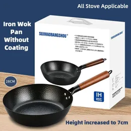 Panelas Panela de Ferro Aço Carbono Wok Tradicional 11 "Fogão a Gás Fogão de Indução Universa Cozinha Cookwar Antiaderente Frigideira Antiaderente 231213