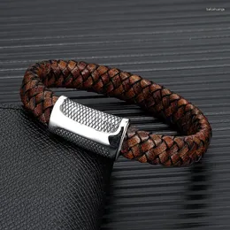 Charm Bracelets MKENDN Vintage Woven Wide Leather Bracelet Men Creative Design Retro Stainless Steel Magnetic Clasp For Male Wristband Gifts