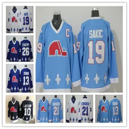 Homens retro Quebec Nordiques Jerseys Hóquei 19 Joe Sakic 21 Forsberg 13 Mats Sundin 26 Peter Stasy 10 Guy Lafleur Blue Branco Branco Branco Uniforme Preto