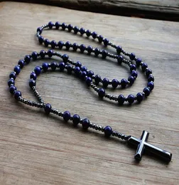 Collana con pendente in ematite con perline di pietra di lapislazzuli da 6 mm per uomo donna pendente con rosario di Cristo cattolico V1912126225787