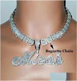 Ожерелья с подвесками на заказ, кисть, курсив, ледяная буква, кулон, ожерелье с именем, цепочка багетов, микроасфальтированная Cz, персонализированный хип-хоп Je8245958