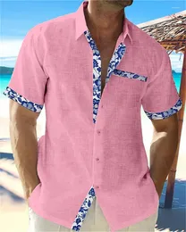 남성용 캐주얼 셔츠 2023 여름 패션 하와이 린넨 셔츠 레이스 프린트 비치 포켓 짧은 슬리브 플러스 사이즈 재킷 5 색상 상단