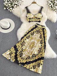Duas peças vestido ouro verão moda designs saias conjuntos mulheres roupas indie folk impressão sexy duas peças rendas cortadas top saia plissada terno 231213