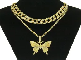 Hip Hop Iced Out Strass Großer Schmetterling Anhänger Halskette Kubanisches Kettenset für Frauen Statement Bling Kristall Tier Halsband Schmuck2199748