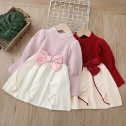 Weihnachtspullover für Mädchen, Kinderpullover, gestrickt, langes Kleid, Schleife, süßes Kleid