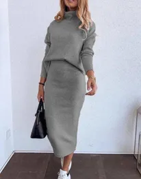 Sukienki robocze Dwuczęściowe strój damski jesienna moda Mock Szyja Zwykła bluza z długim rękawem Casual High Talle Codzienna spódnica w połowie zawartości