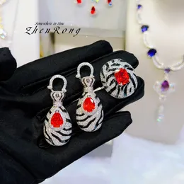 Vintage Zebra Stripe Red Gemstone Set med löstagbara örhängen Ringhäng för kvinnor