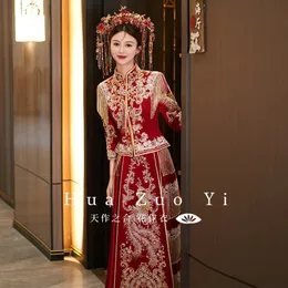 Ropa étnica Terciopelo rojo Xiuhe 2023 Novia Vestidos de novia chinos Tostadas nupciales antiguas Dres Hanfu Vestidos 231212