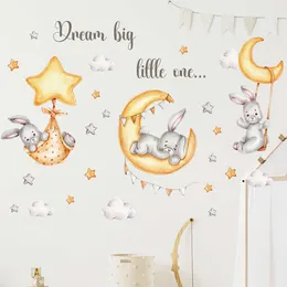 Aquarela dos desenhos animados bonito coelho ouro lua estrelas adesivos de parede para quarto das crianças do berçário do bebê decalques de parede para casa adesivos decorativos