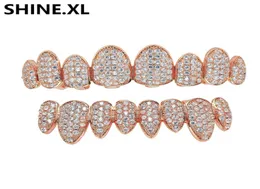 الهيب هوب المثلج خارج Zircon Gold Teeth Grills 8 الجزء العلوي من الأسنان شوايات الأسنان Cosplay أسنان الأسنان Caps Rapper Party Gift7796018