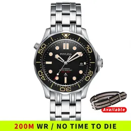 PHYLIDA Schwarzes Zifferblatt MIYOTA PT5000 Automatikuhr DIVER NTTD-Stil, Saphirglas, solides Armband, wasserdicht, 200 m, 210310334a