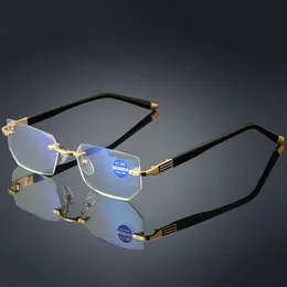 Högkvalitativa läsglasögon Presbyopiska glasögon Klar glaslins unisex Rimless Anti-Blue Light Glasses Frame Strength 1 0 235e